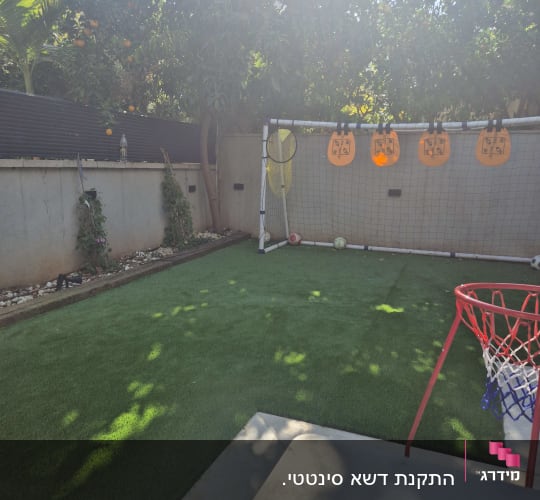 עץ עם פירות כתומים ליד דשא מלאכותי